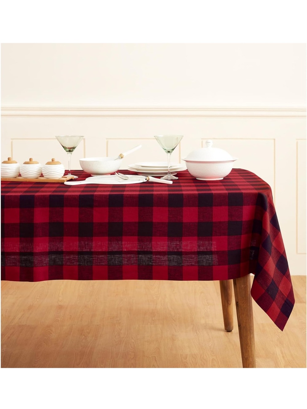 NEW Solino Home 100% Pure Linen Red and Black Square Table Cloth. Buffalo plaid